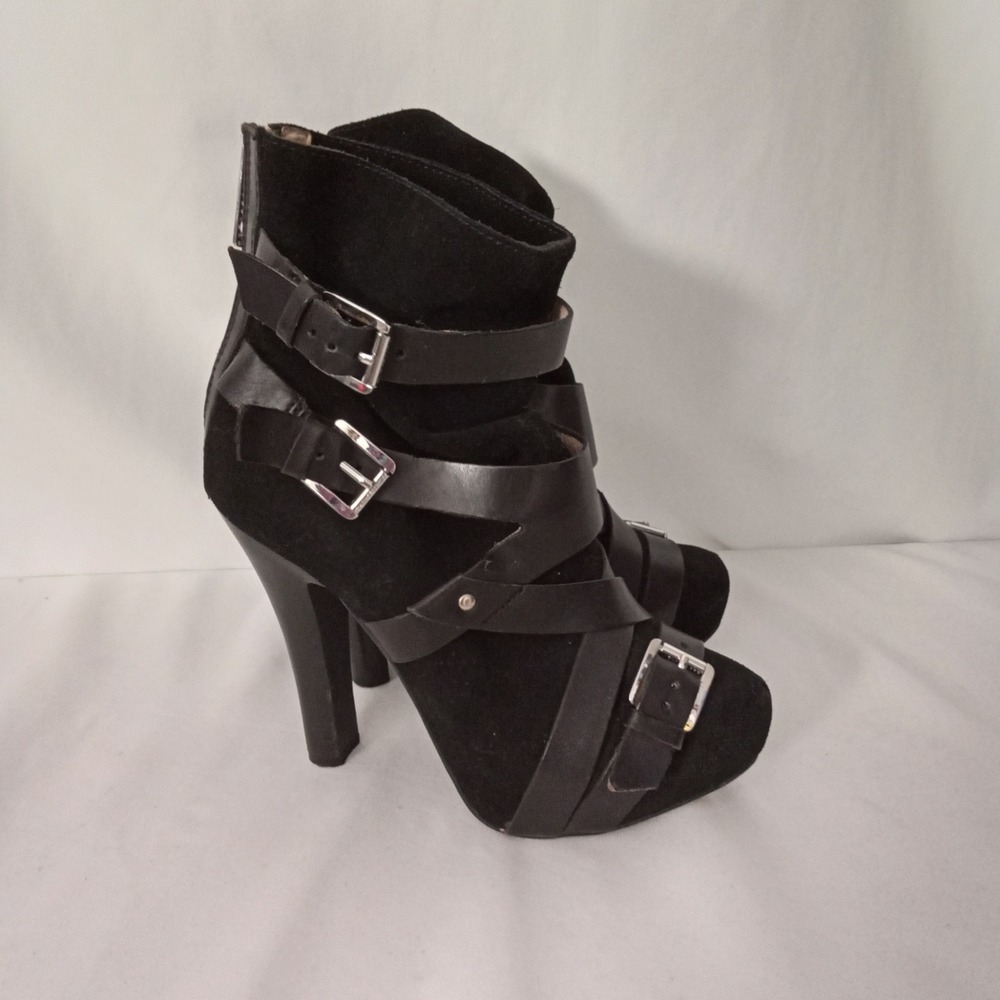 Michael Michael Kors Black Suede Multi Strap Buckle Ankle Boots Heels Size 7M